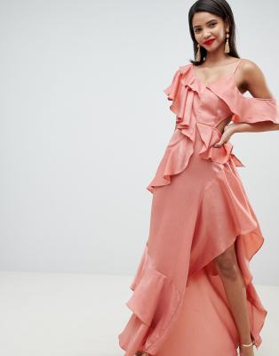 satin ruffle maxi dress