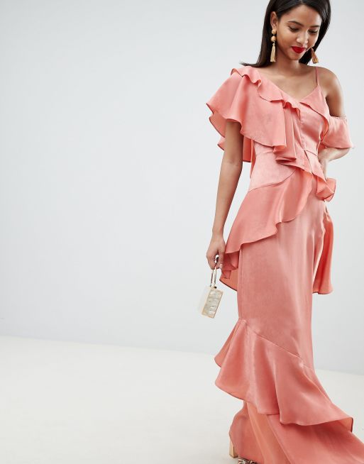 Satin ruffle maxi store dress