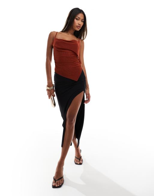 ASOS DESIGN floaty sheer mesh cowl front cami top in rust