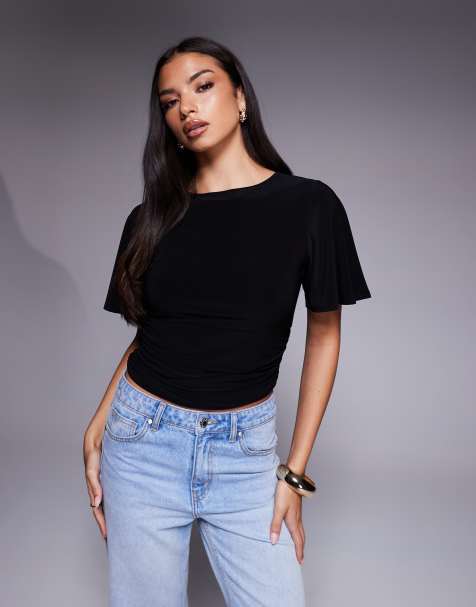 ASOS DESIGN floaty sleeve top with cinched waist detail in black - view 1