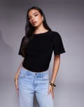 [ASOS DESIGN] ASOS DESIGN floaty sleeve top with cinched waist detail in black XS Black