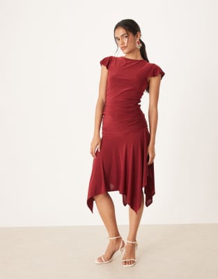 Asos Design Floaty Top With Cap Sleeve And Ruched Under Bust In Red