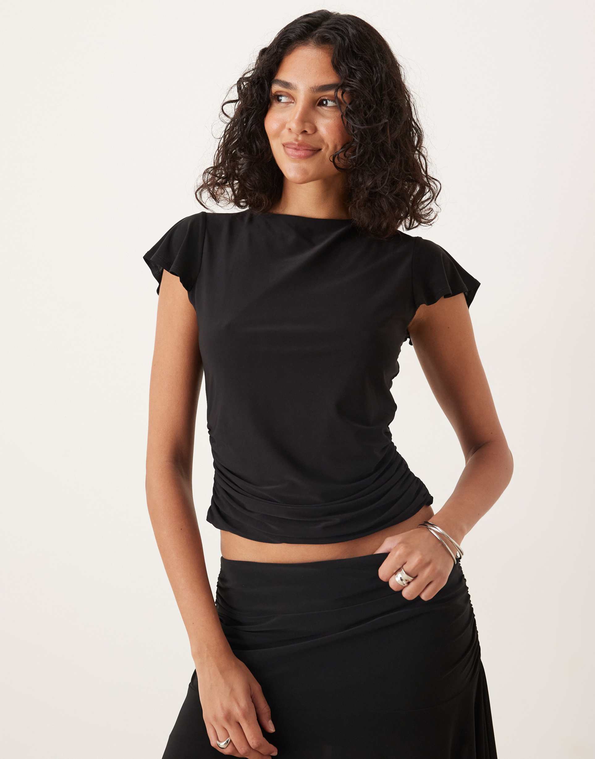 Asos Design Floaty Top With Cap Sleeves And Ruched Under Bust In Black