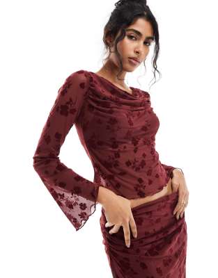 Asos Design Flock Floral Flared Sleeve Top In Burgundy - Part Of A Set-black