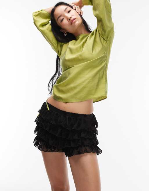 ASOS DESIGN flock floral mesh floral ruffle shorts in black, 3 of 5
