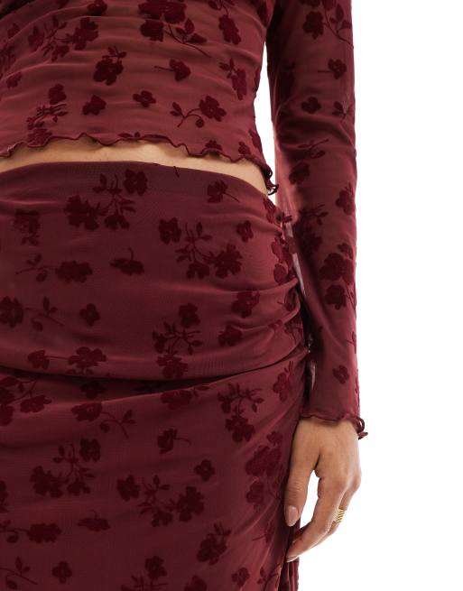 ASOS DESIGN flock floral midi skirt co ord in burgundy - Technical View