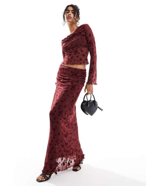 ASOS DESIGN flock floral midi skirt in burgundy - part of a set - view 1