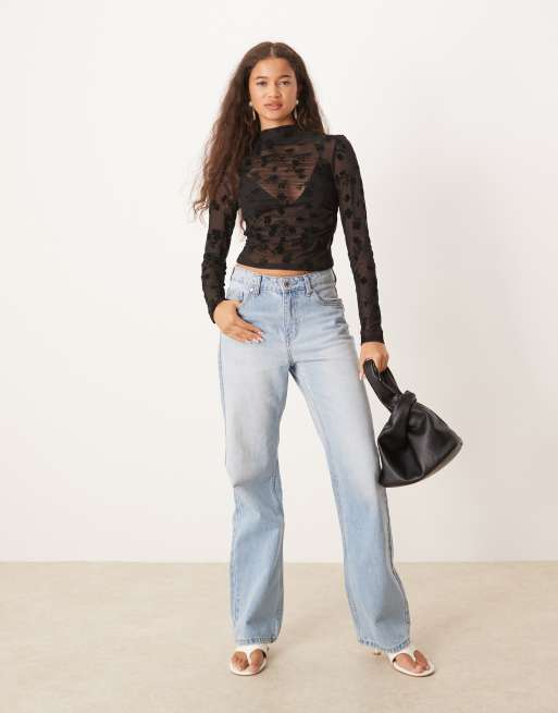ASOS DESIGN flock floral sheer high neck gathered top with long sleeve in black, 3 of 4