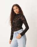 [ASOS DESIGN] ASOS DESIGN flock floral sheer high neck gathered top with long sleeves in black S BLACK