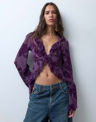 ASOS DESIGN flock ruffle front long sleeve top in purple | ASOS