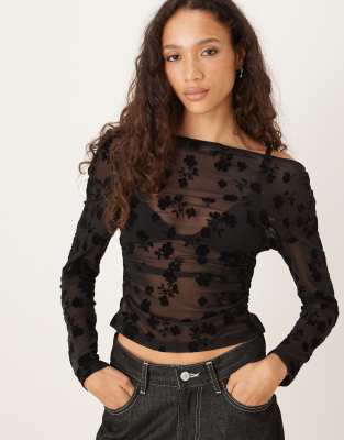 ASOS DESIGN flocked asymmetric cinched top in black