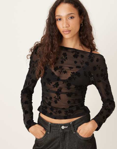 ASOS DESIGN flocked asymmetric cinched top in black - view 1