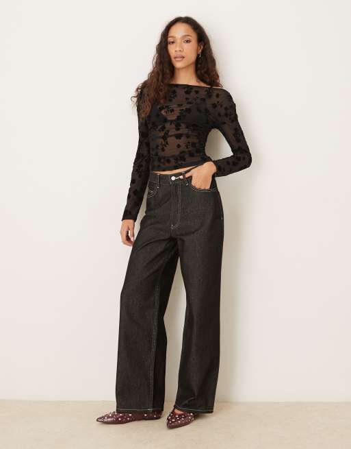 ASOS DESIGN flocked asymmetric cinched top in black, 2 of 4