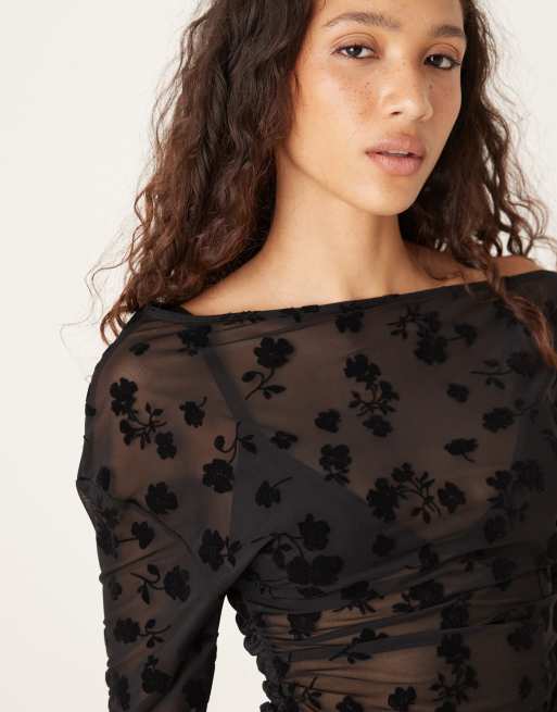 ASOS DESIGN flocked asymmetric cinched top in black, 3 of 4