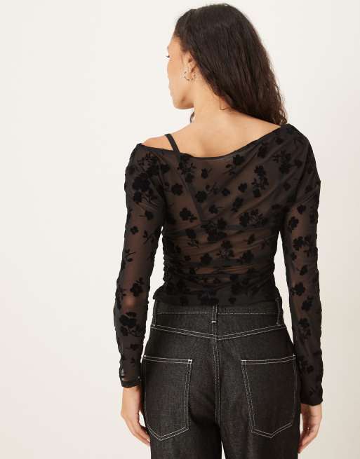 ASOS DESIGN flocked asymmetric cinched top in black, 4 of 4