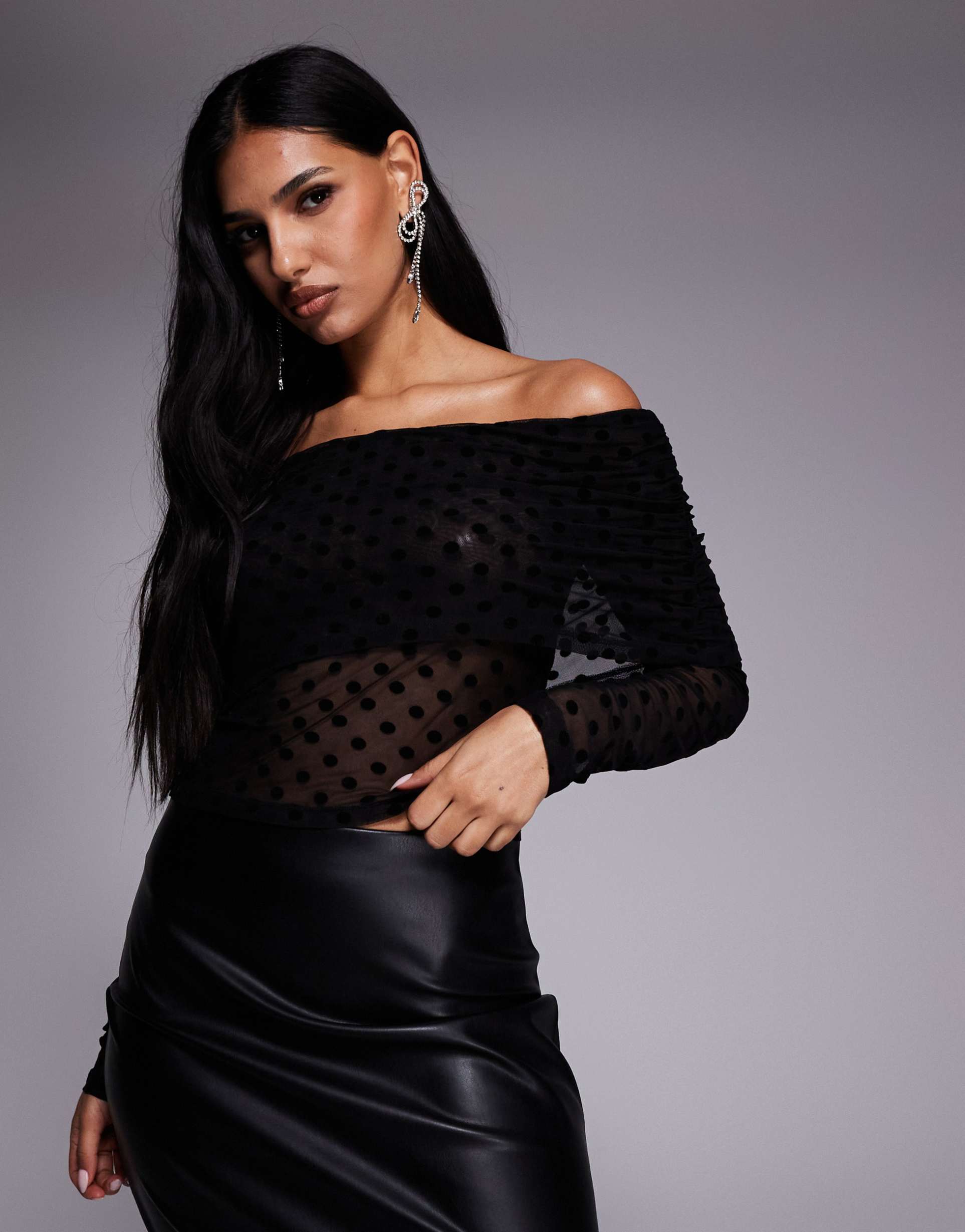 asos design flocked bardot long sleeve top in black polka dot