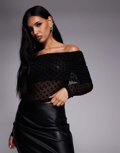 ASOS DESIGN flocked bardot long sleeve top in black spot - view 1