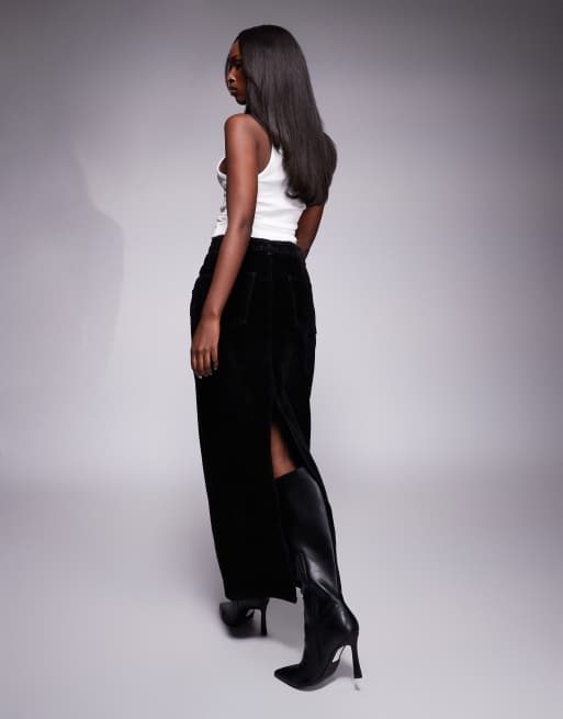 ASOS DESIGN flocked denim maxi skirt with back slit in black ASOS