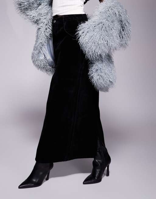 ASOS DESIGN flocked denim maxi skirt with back slit in black ASOS