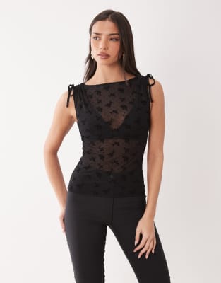 ASOS DESIGN flocked ditsy slash neck open back top with picot