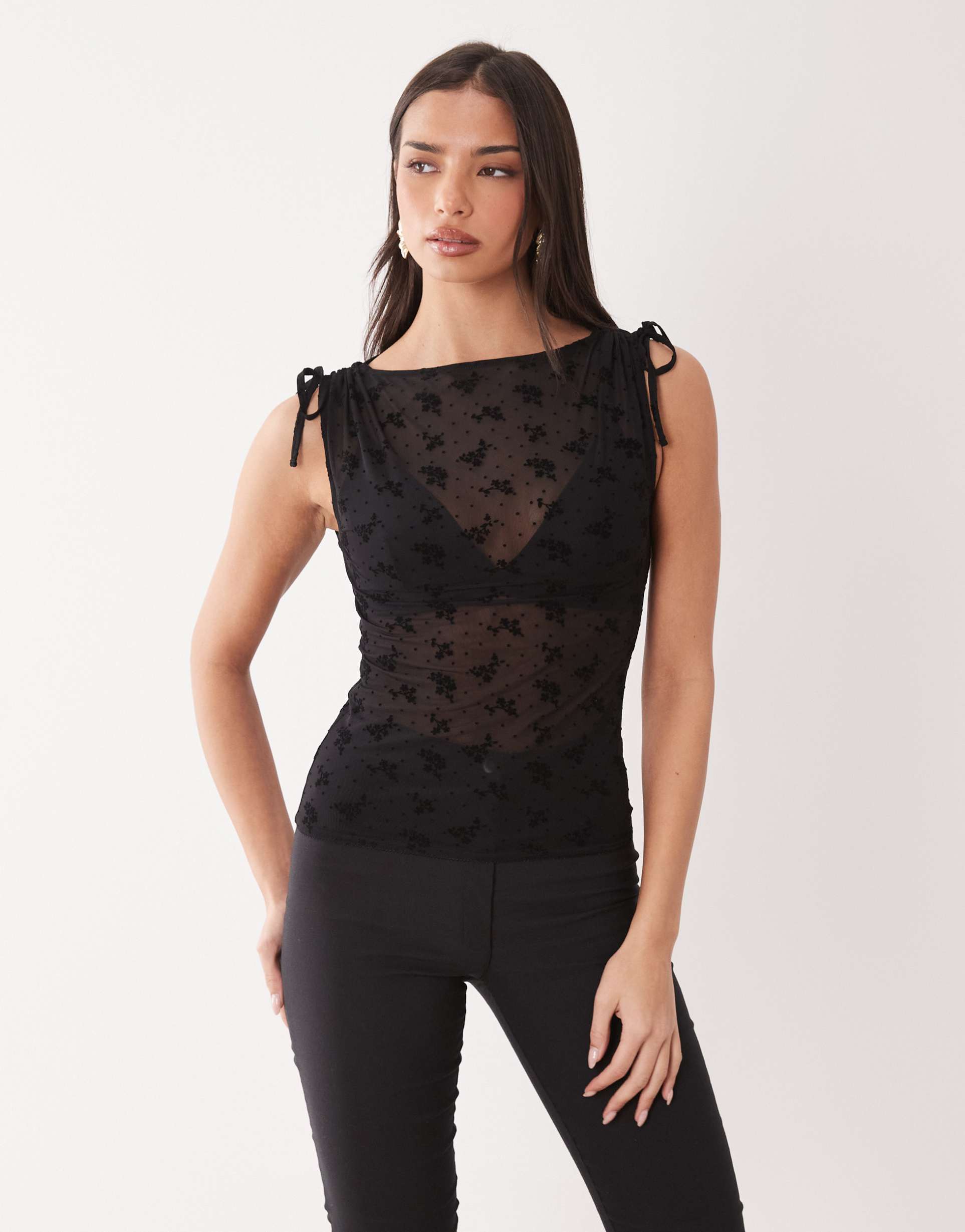 asos design flocked ditsy slash neck open back top with picot