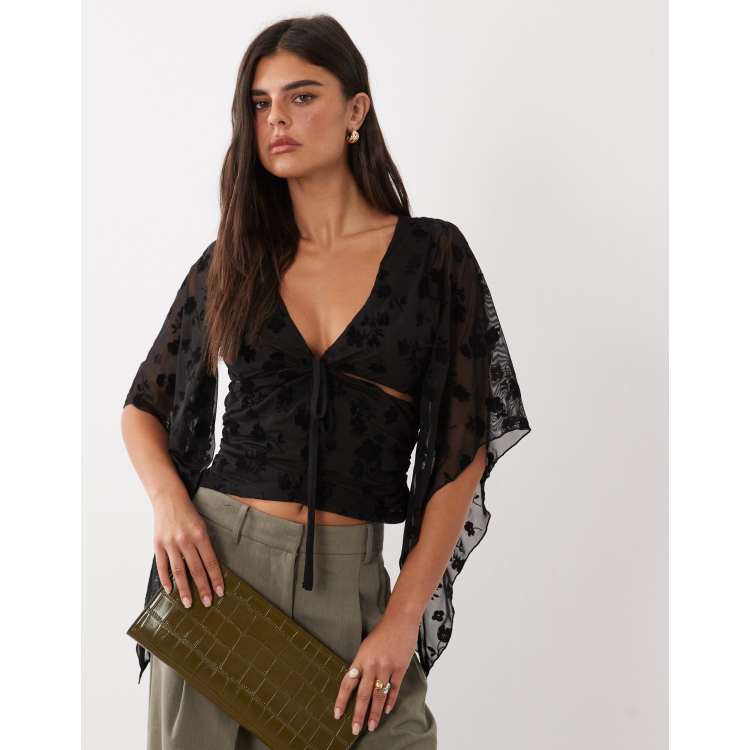 ASOS DESIGN flocked drape sleeve top in black | ASOS