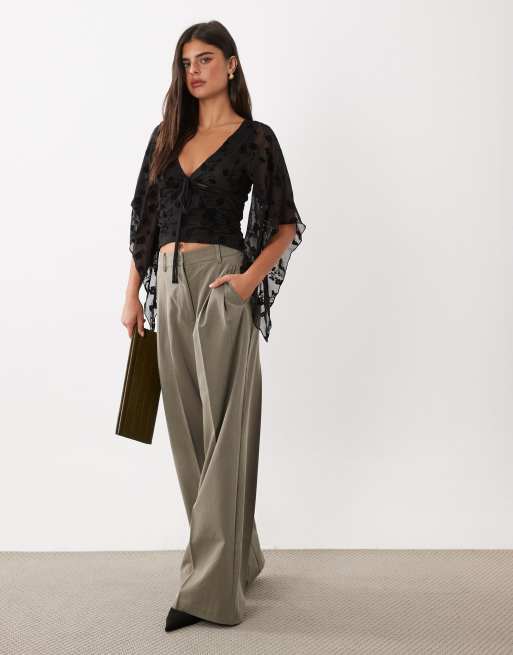 ASOS DESIGN flocked drape sleeve top in black, 2 of 4