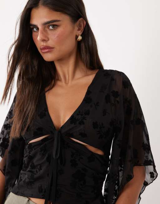 ASOS DESIGN flocked drape sleeve top in black, 3 of 4