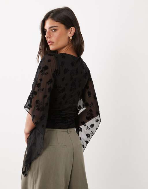 ASOS DESIGN flocked drape sleeve top in black, 4 of 4