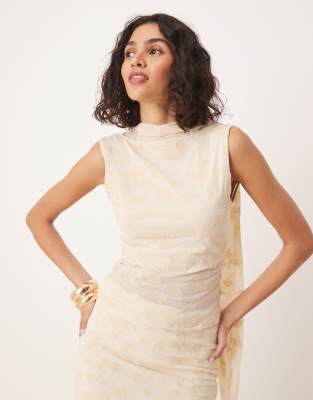 Asos Design Flocked Drape Top In Yellow