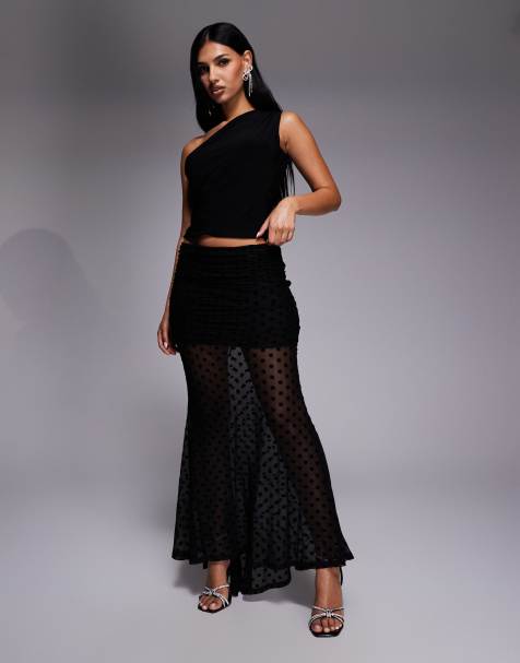 ASOS DESIGN flocked fishtail maxi skirt in black dot - view 1