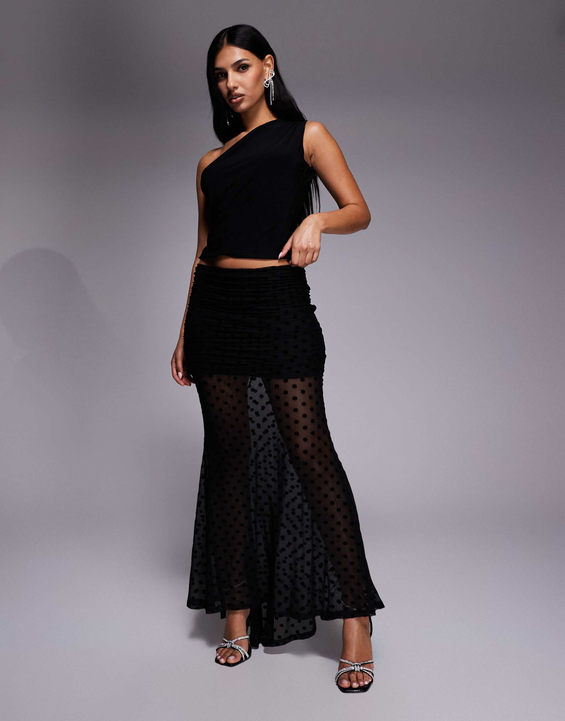 asos design flocked fishtail maxi skirt in black dot