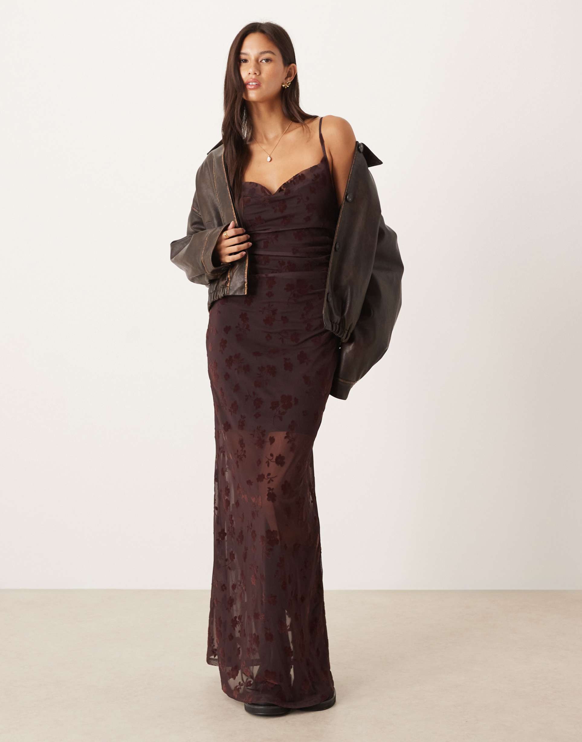 asos design flocked floral cami cowl neck maxi dress in brown