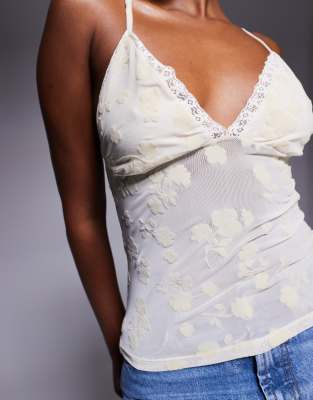 Asos Design Flocked Floral Cami Top With Lace Trim