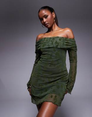 ASOS DESIGN flocked floral fold over off the shoulder mini dress with fluted sleeves in olive-Green