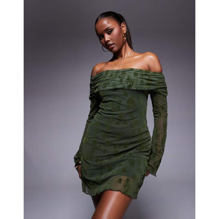 ASOS DESIGN flocked floral fold over off the shoulder mini dress with  fluted sleeves in olive | ASOS
