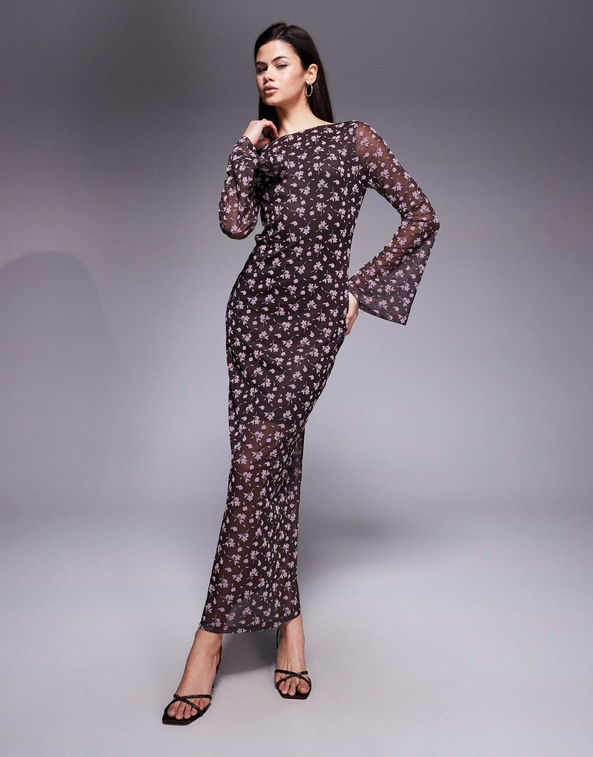 asos design flocked floral maxi dress with fluted sleeves in chocolate