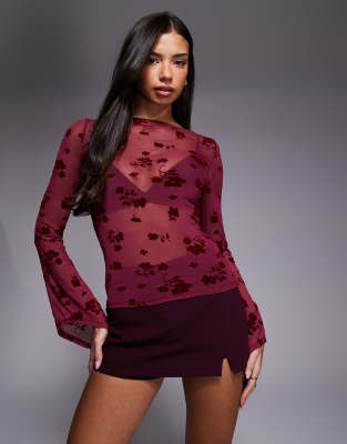 Asos Design Flocked Floral Mesh Angel Sleeve Top In Red