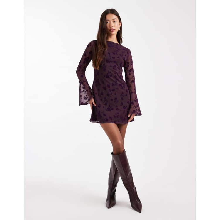 ASOS Design Flocked Floral Mini Dress with Fluted Sleeves in Fig-Purple