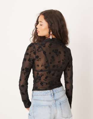 Asos Design Flocked Floral Sheer High Neck Gathered Top With Long Sleeves In Black