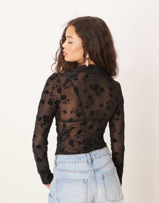 ASOS DESIGN flocked floral sheer high neck gathered top with long sleeves in black, 2 of 4