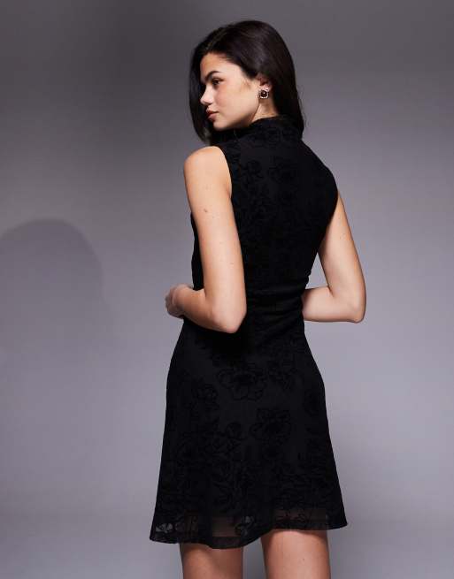 ASOS DESIGN flocked floral sleeveless ruched side mini dress with grown on neck in black, 2 of 4