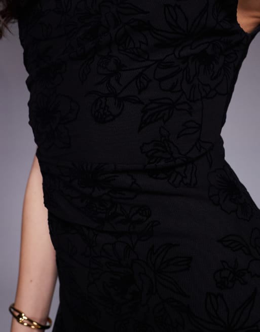 ASOS DESIGN flocked floral sleeveless ruched side mini dress with grown on neck in black, 3 of 4