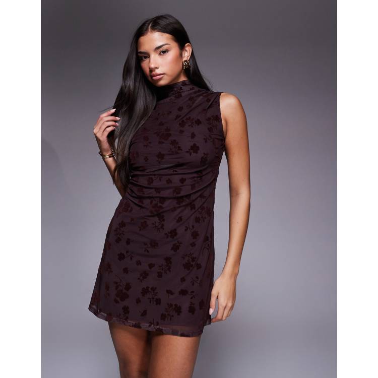 ASOS DESIGN flocked floral sleeveless ruched side mini dress with grown-on neck in brown