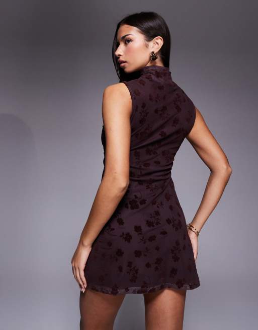 ASOS DESIGN flocked floral sleeveless ruched side mini dress with grown on neck in brown, 4 of 4