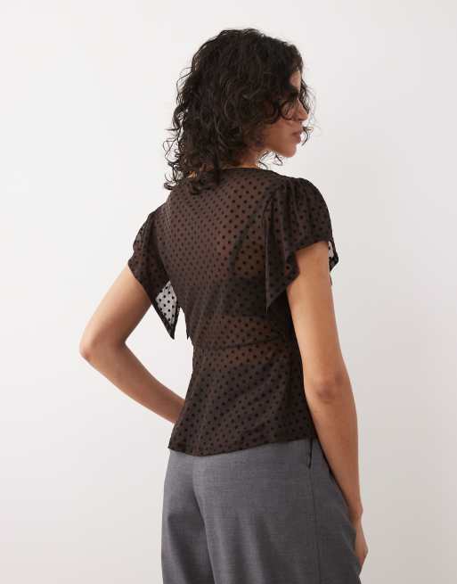 ASOS DESIGN flocked flutter sleeve top in chocolate, 3 of 4