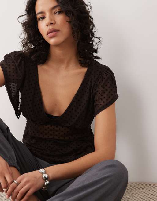 ASOS DESIGN flocked flutter sleeve top in chocolate, 4 of 4