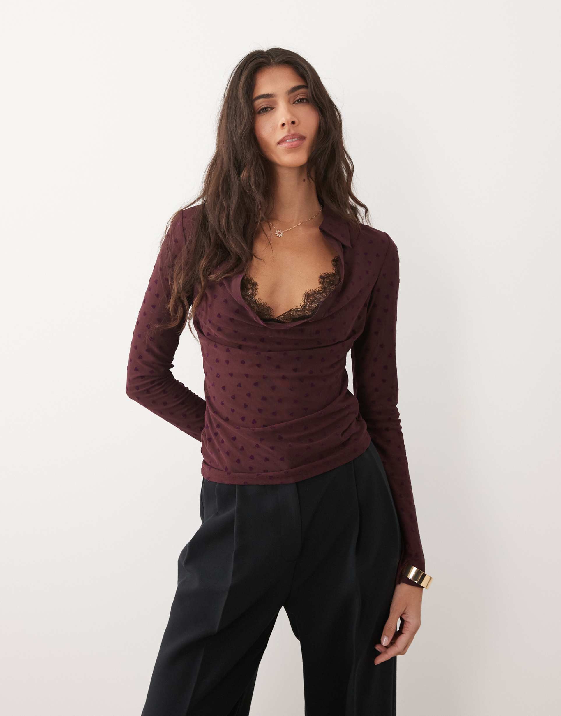 asos design flocked heart long sleeve shirt in plum