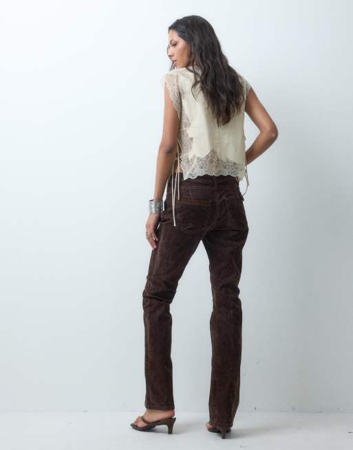 ASOS DESIGN flocked kick flare jean in chocolate, 2 of 5