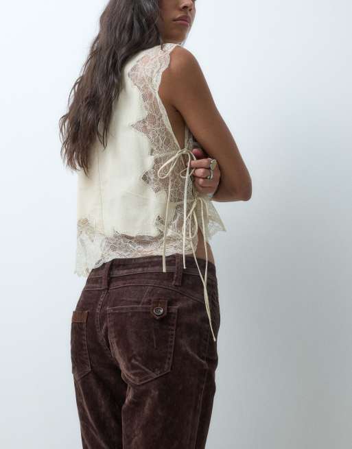 ASOS DESIGN flocked kick flare jean in chocolate, 3 of 5
